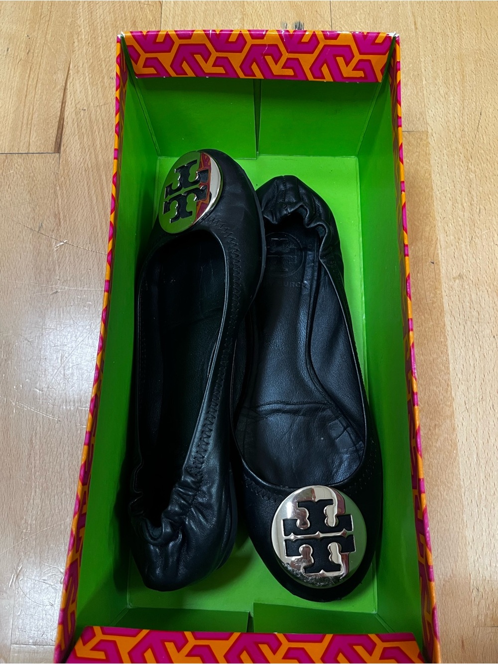 Tory Burch Black Leather Logo Ballet Flats